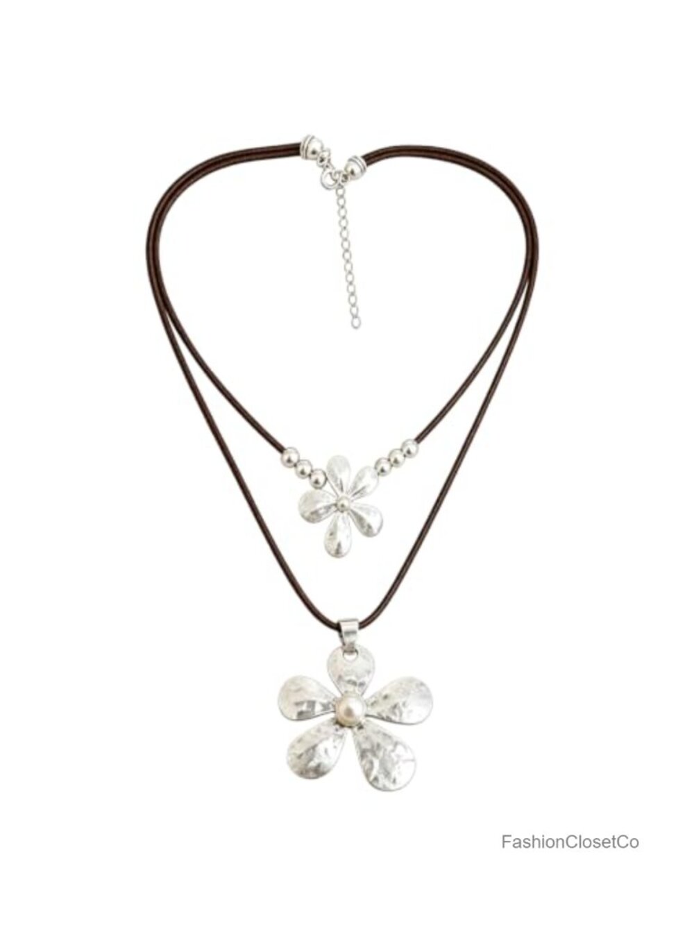 Boho Layered Choker Necklace Hammered Flower Pendant Leather Cord